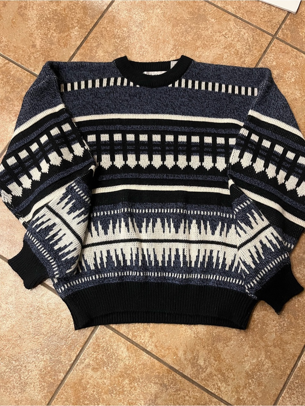 Vintage 80’s Saturdays Knit Ski Winter Sweater Abstract Blue White Men’s XL